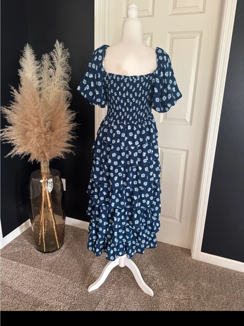 Crystal Doll Cottagecore Blue & White Floral Smocked Tiered Dress size Large - Picture 8 of 12